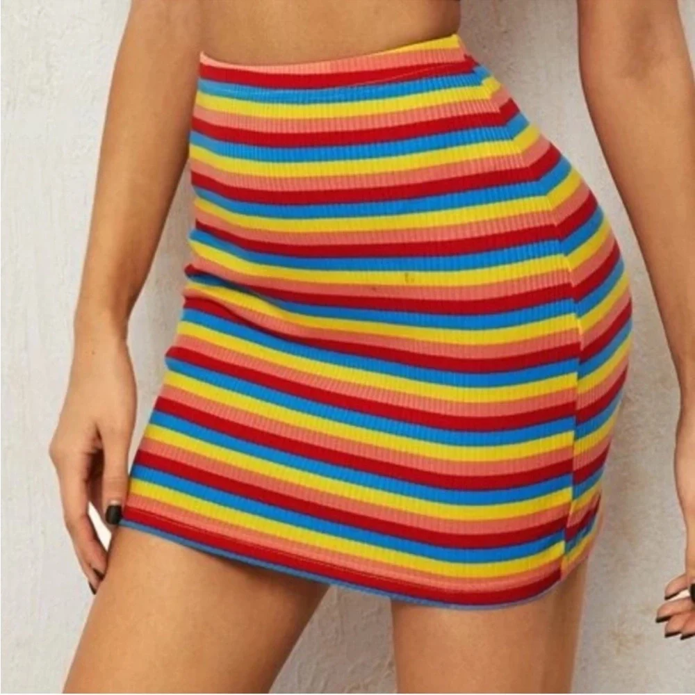 Rainbow Striped Bodycon Mini Skirt